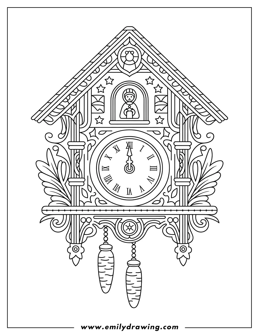 Detailed line art of a cuckoo clock with Roman numerals, a small figure in the upper window, and two decorative hanging weights.