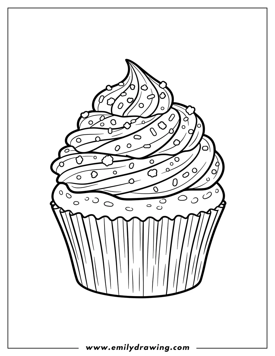 Linear illustration of cupcake Scaled with swirled frosting and a crumble topping
