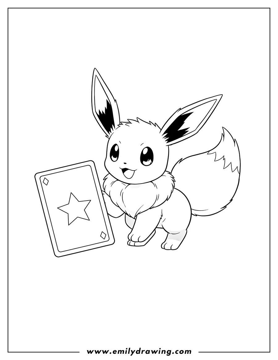 Full page coloring image of curious Eevee Pokemon Playing Card To Color