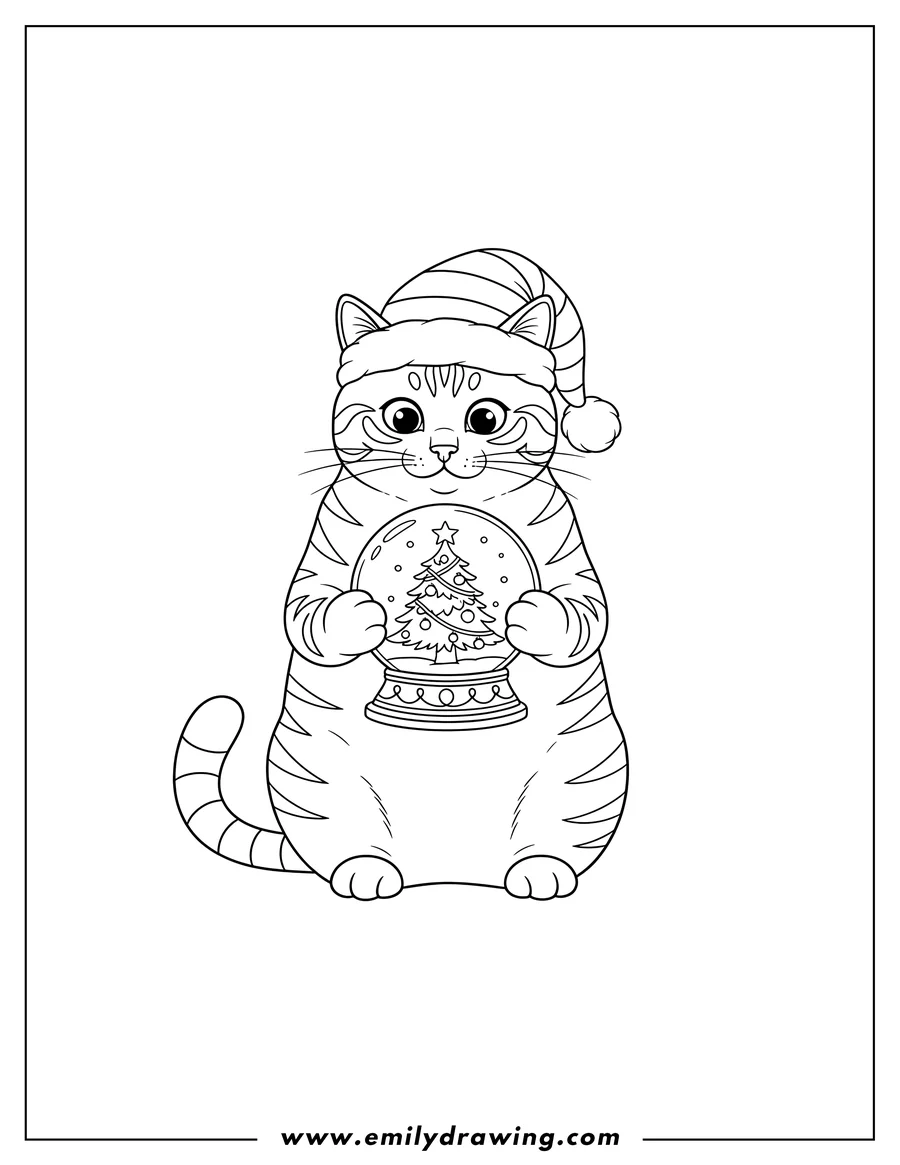 Coloring sheet featuring curious striped cat in a striped Christmas hat holding a snow globe with a Christmas tree inside