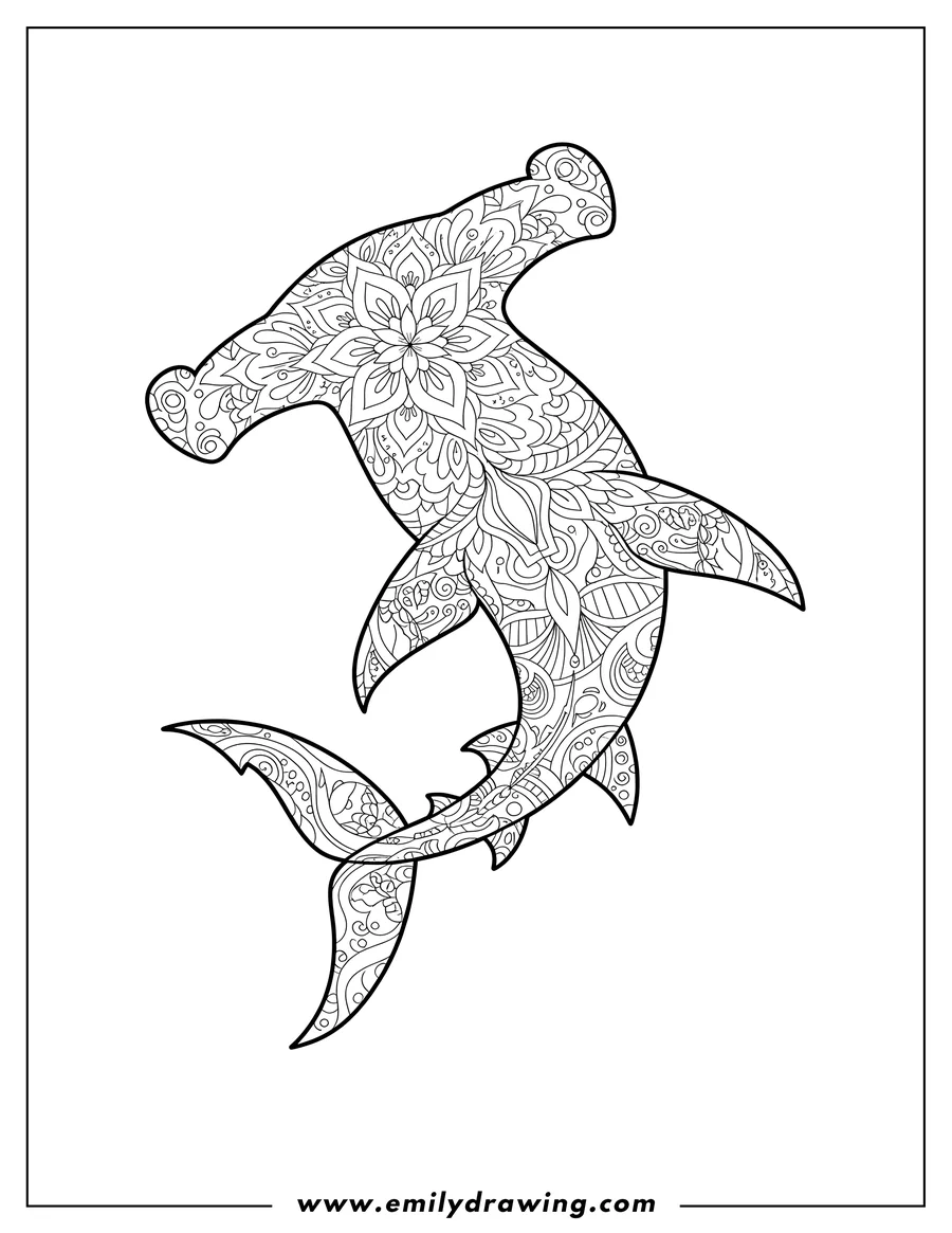Vector style outline of curved Hammerhead Shark Mandala