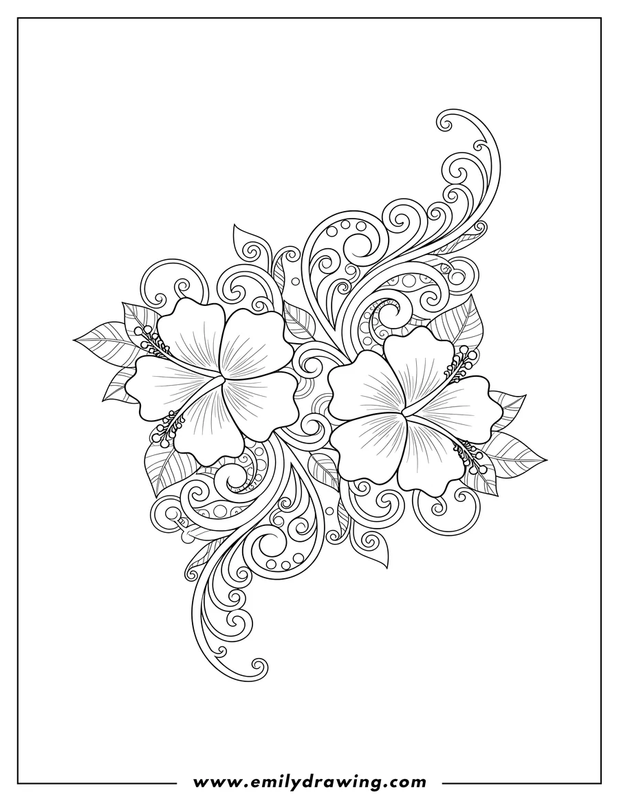 Downloadable coloring page of curved Hibiscus Flower Mandala with two large flowers and intricate patterns