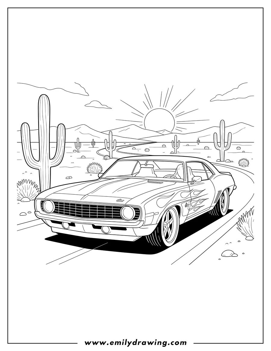 Black and white line art of custom 69 Chevrolet Camaro driving on a desert road, front-side view