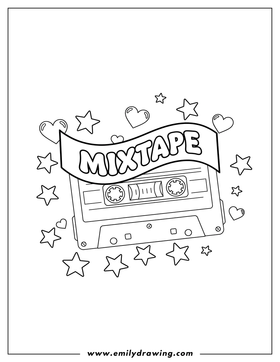 Black and white line art of 80s mixtape cassette tape with 'MIXTAPE' banner, stars, and hearts