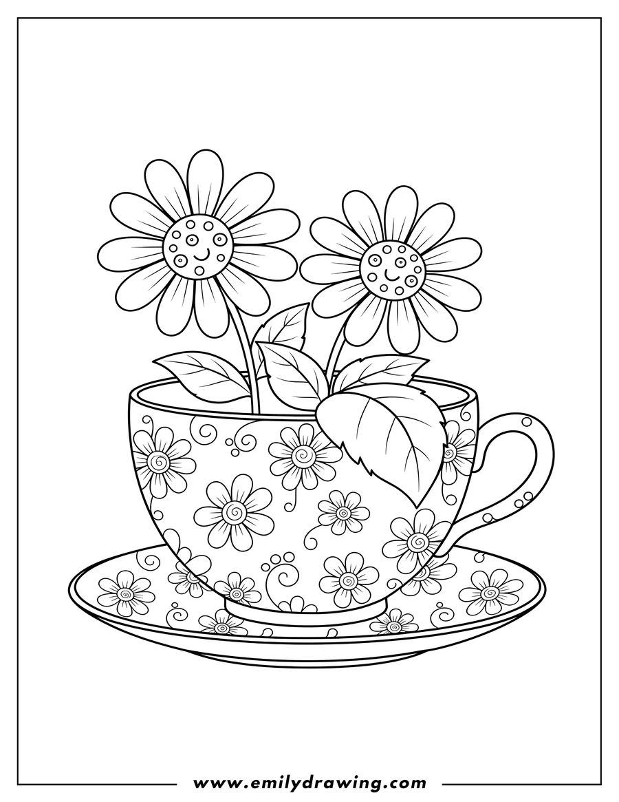 Outline drawing of A charming teacup with flower patterns, on a saucer, holding twin daisies with leaves and cute centers