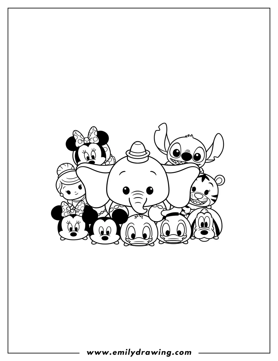 Doodle style coloring picture of A collection of Dumbo Minnie Mouse Cinderella Stitch Tigger Mickey Mouse Donald Duck Goofy And Pluto Mini Tsum Tsum