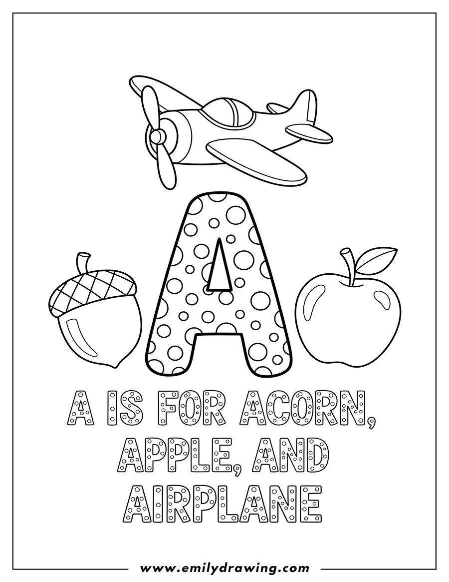 Free printable coloring sheet of A is for acorn, apple, and airplane coloring page, with polka dot letters