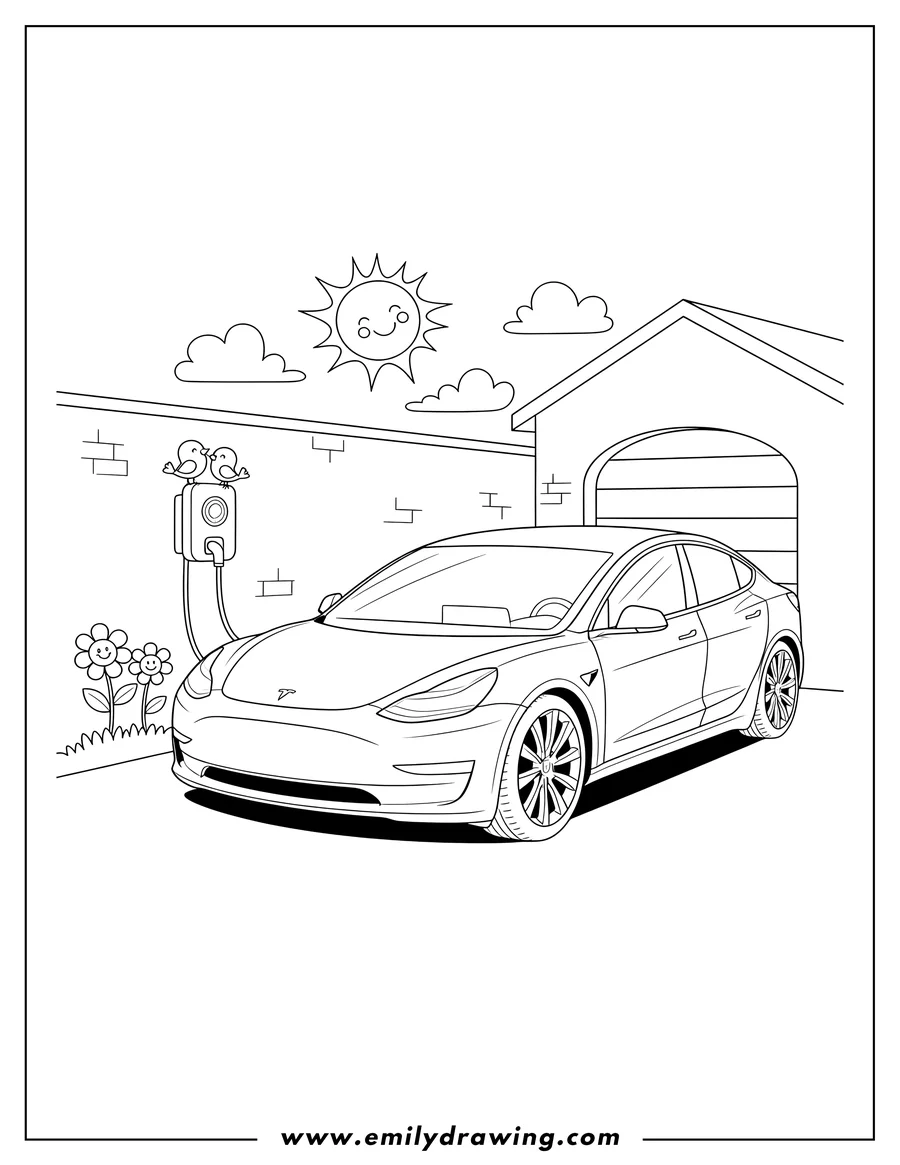 High quality printable A Tesla car charging at home for coloring