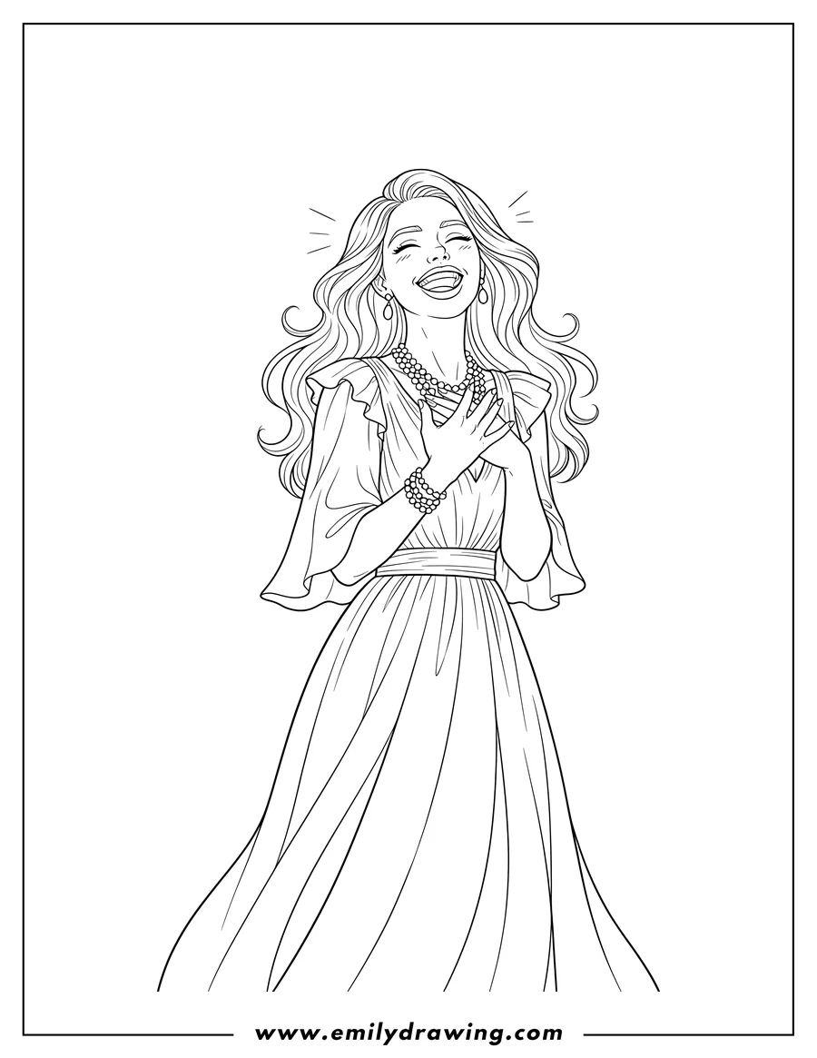 Downloadable coloring page of A woman with long wavy hair, in a dress, wearing a pearl necklace, laughing with her eyes closed