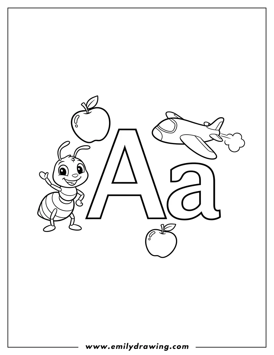 Coloring sheet featuring aa alphabet coloring page with an apple, a smiling cartoon ant, and a jet airplane