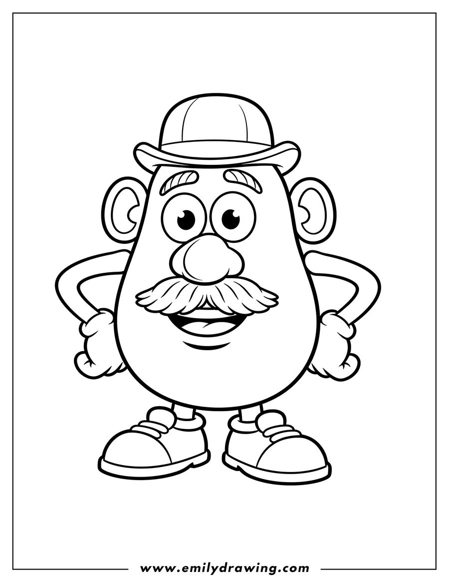 Linear illustration of adult Mr. Potato Head wearing a hat and mustache, standing with hands on hips