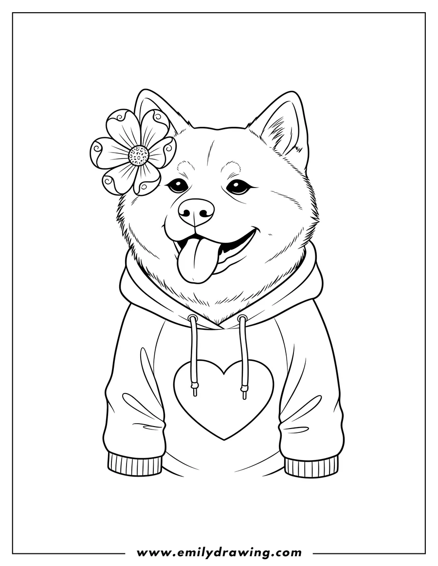 Printable line art of cute Akita Dog wearing a hoodie, with a flower and heart, and its tongue out