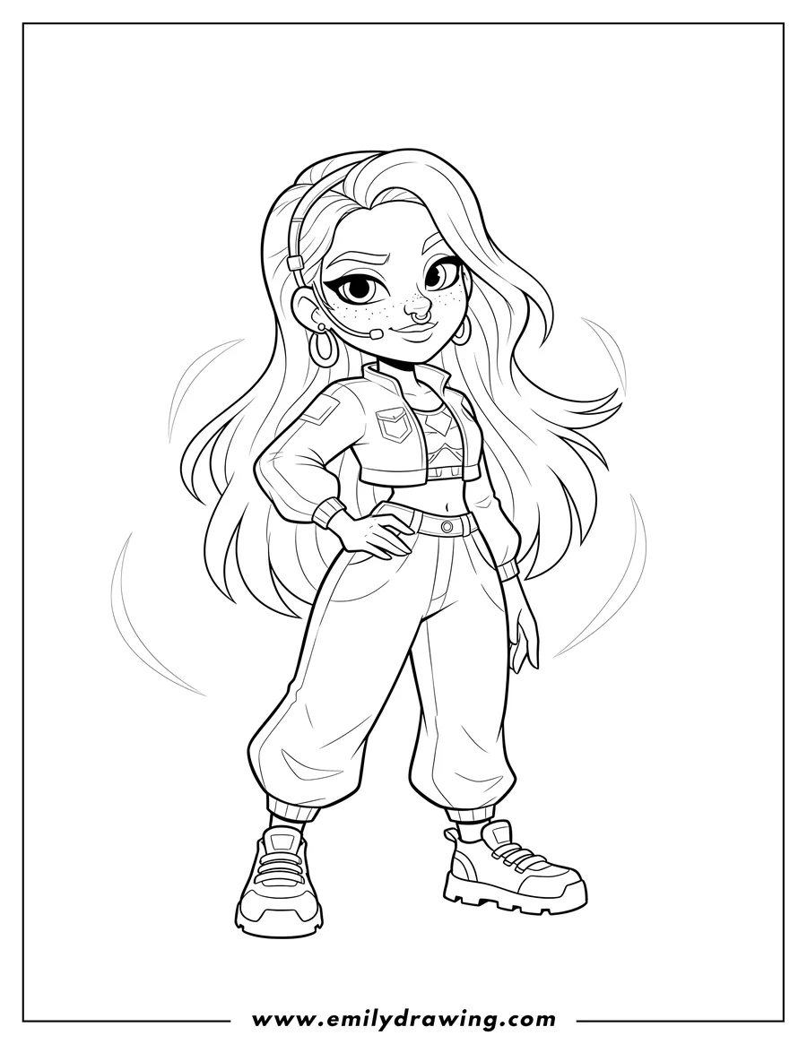 Simple sketch of cute Subway Surfers Amira standing with one hand on her hip and a nose ring headset to color