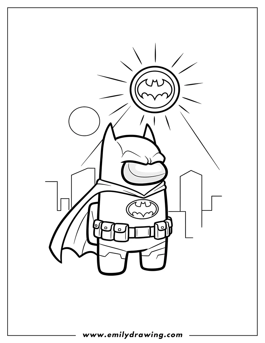 Black and white line art of among Us Batman wearing a cowl and utility belt, standing, with a Bat Signal projected