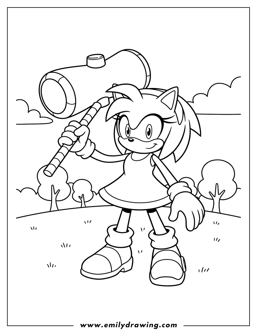 Free printable coloring sheet of amy Rose Video Game, holding her hammer