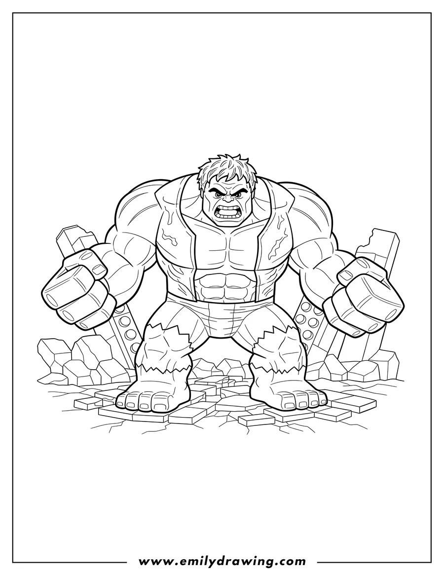 Coloring page of angry Lego Hulk, standing with clenched fists, ready to smash