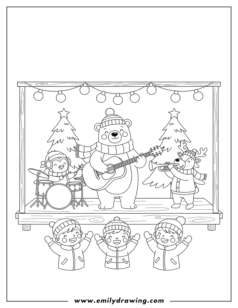 Linear illustration of band playing instruments and wearing winter hats on an outdoor stage with Christmas lights, while people sing along