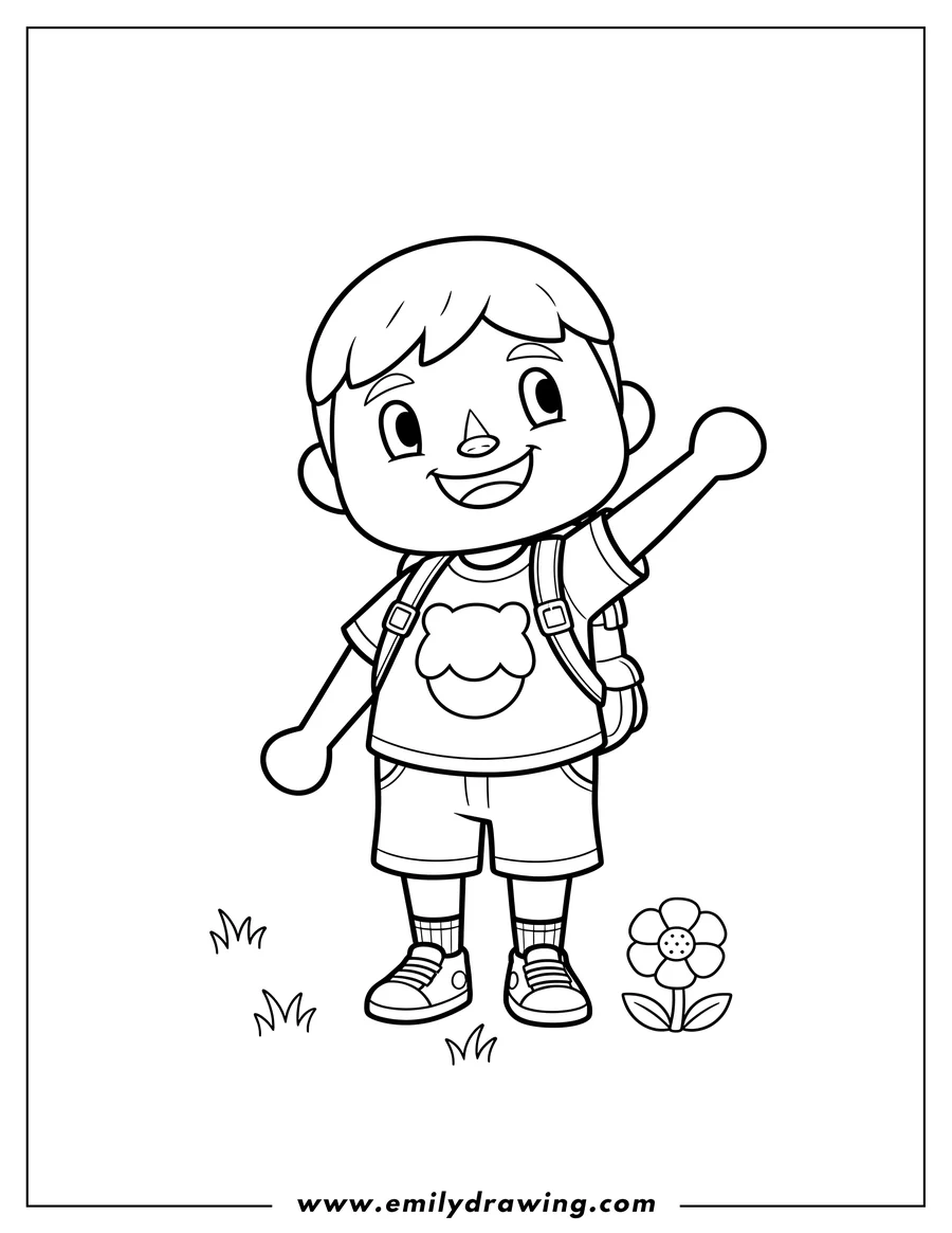 Coloring sheet featuring animal Crossing boy villager with a backpack, smiling and waving