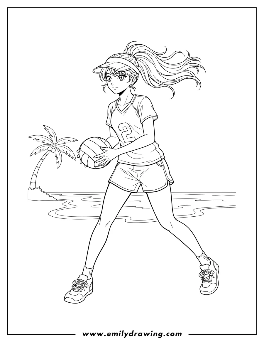 Downloadable coloring page of anime Girl Beach Volleyball Player holding a volleyball and wearing jersey number 2
