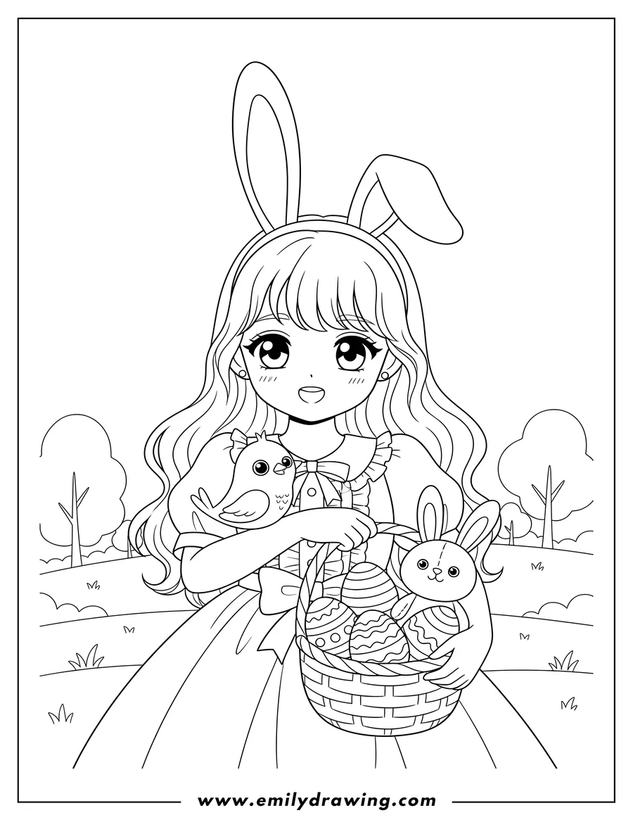 Full page coloring image of cute Anime Girl wearing bunny ears, holding a bird and a basket of Easter eggs and a bunny toy