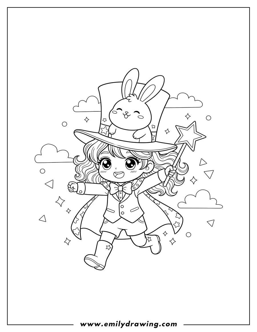 High quality printable cute Anime Magician running, pulling a bunny from a top hat, holding a star-tipped wand for coloring