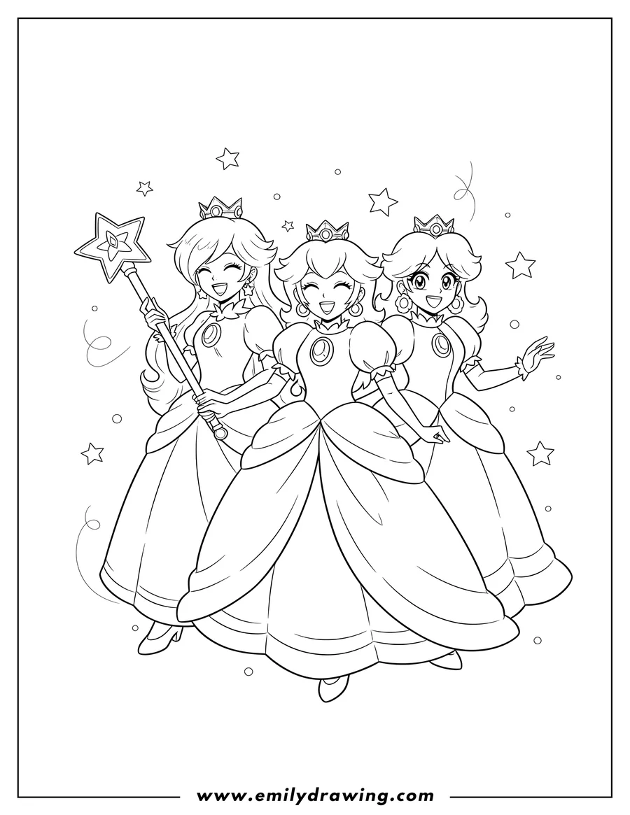 Outline drawing of anime Style Princess Rosalina Peach And Daisy smiling happily, with Rosalina holding a star wand