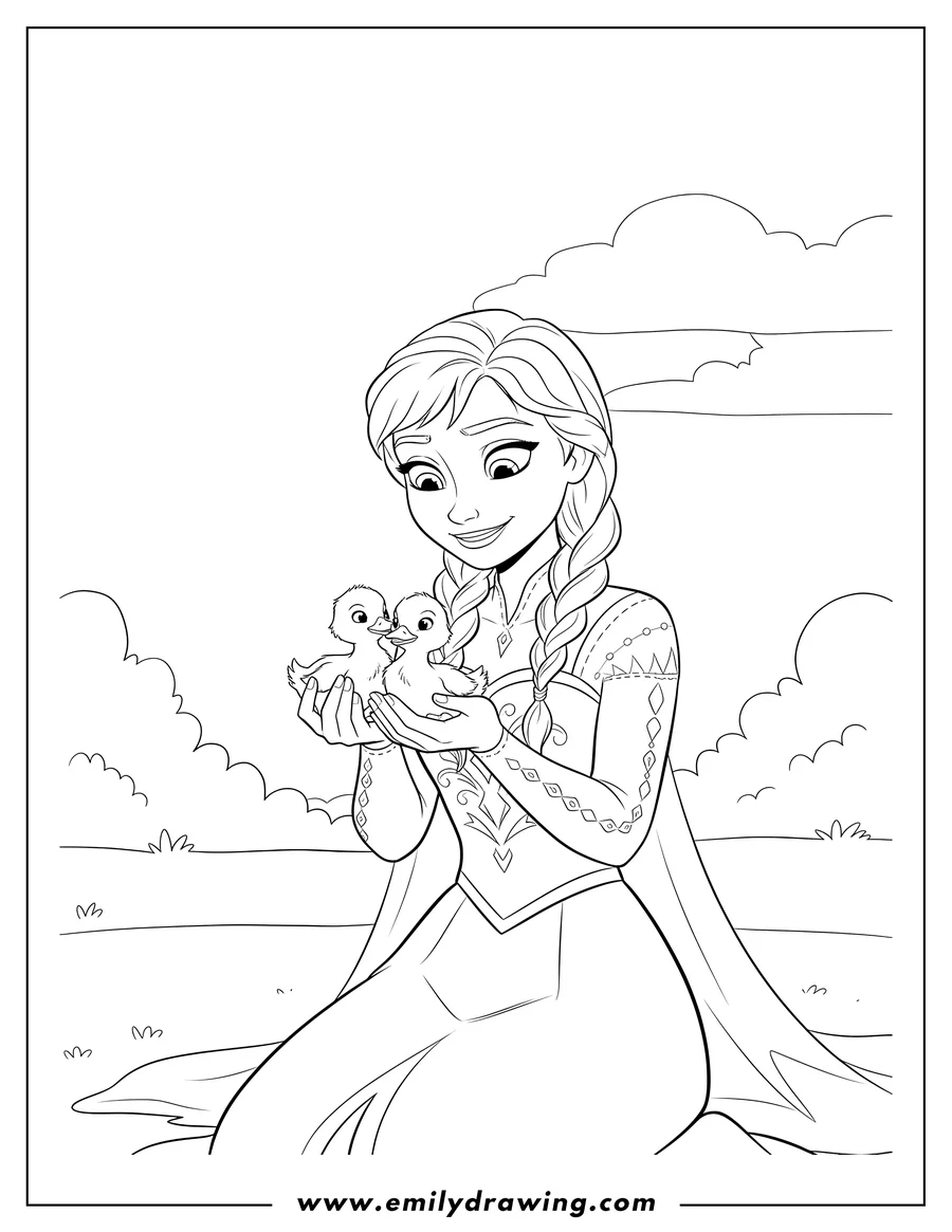 Coloring page for kids: anna from Frozen gently holding three ducklings and smiling at them