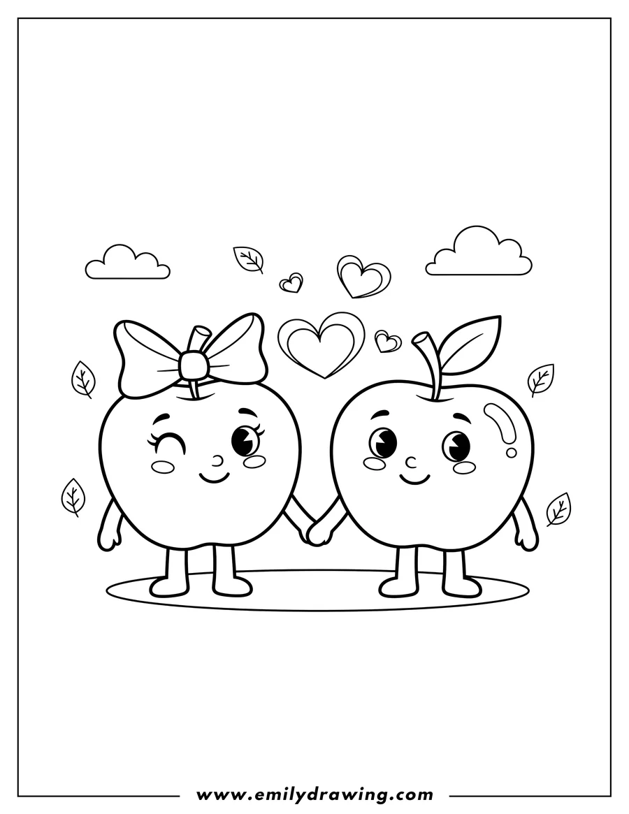 Clean line drawing: cute Apple Couple with a bow and a wink, holding hands while standing, with leaf hearts