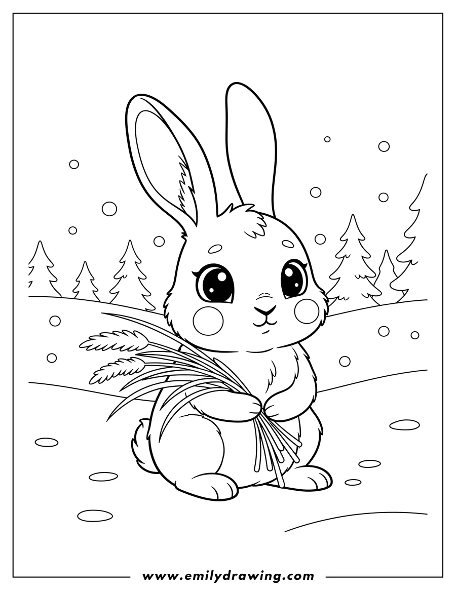 Clean line drawing: refined Scene: Cute Arctic Hare with big eyes and rosy cheeks holding grass in a snowy meadow