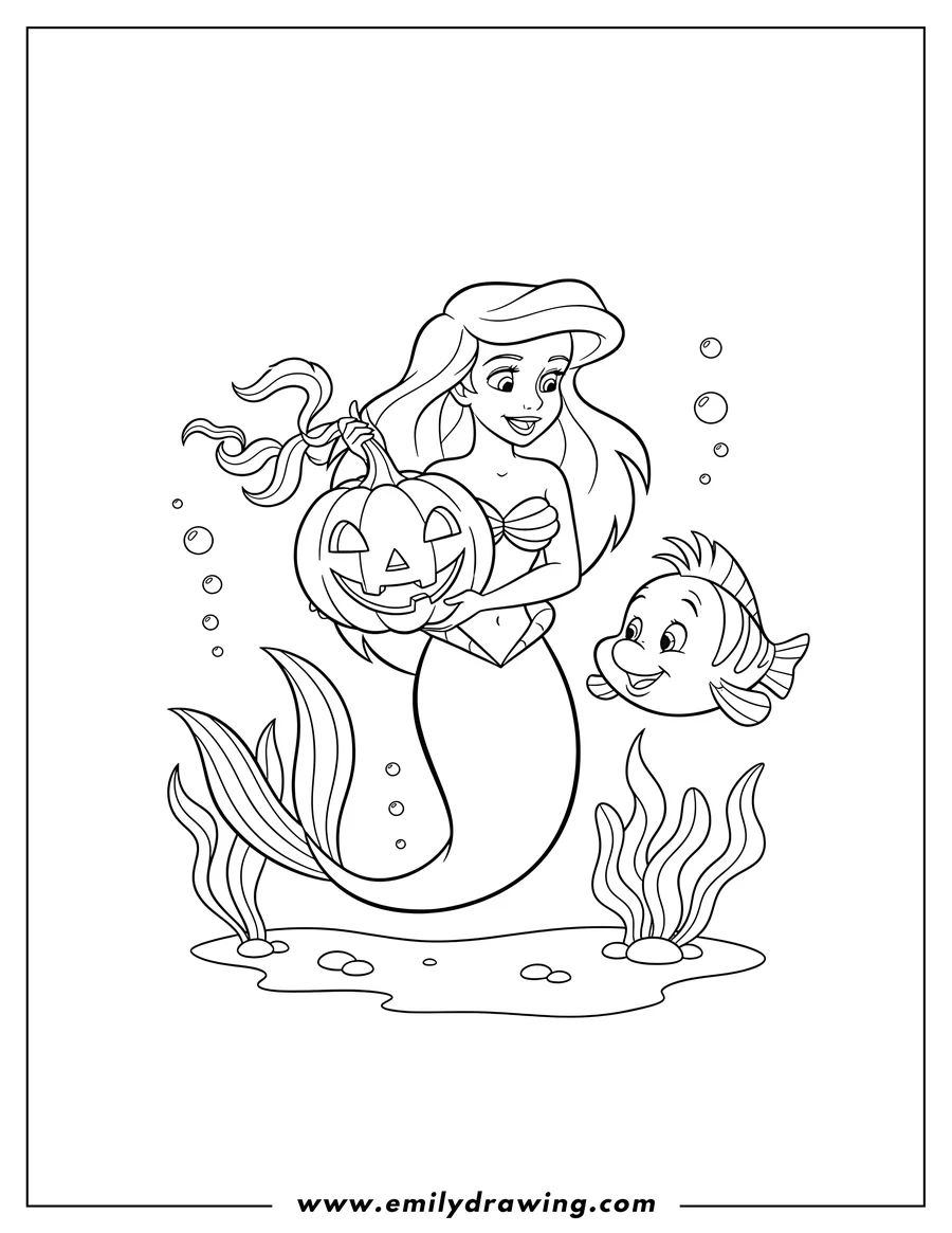 Coloring page of ariel holding a jack o'lantern as Flounder looks on, under the sea