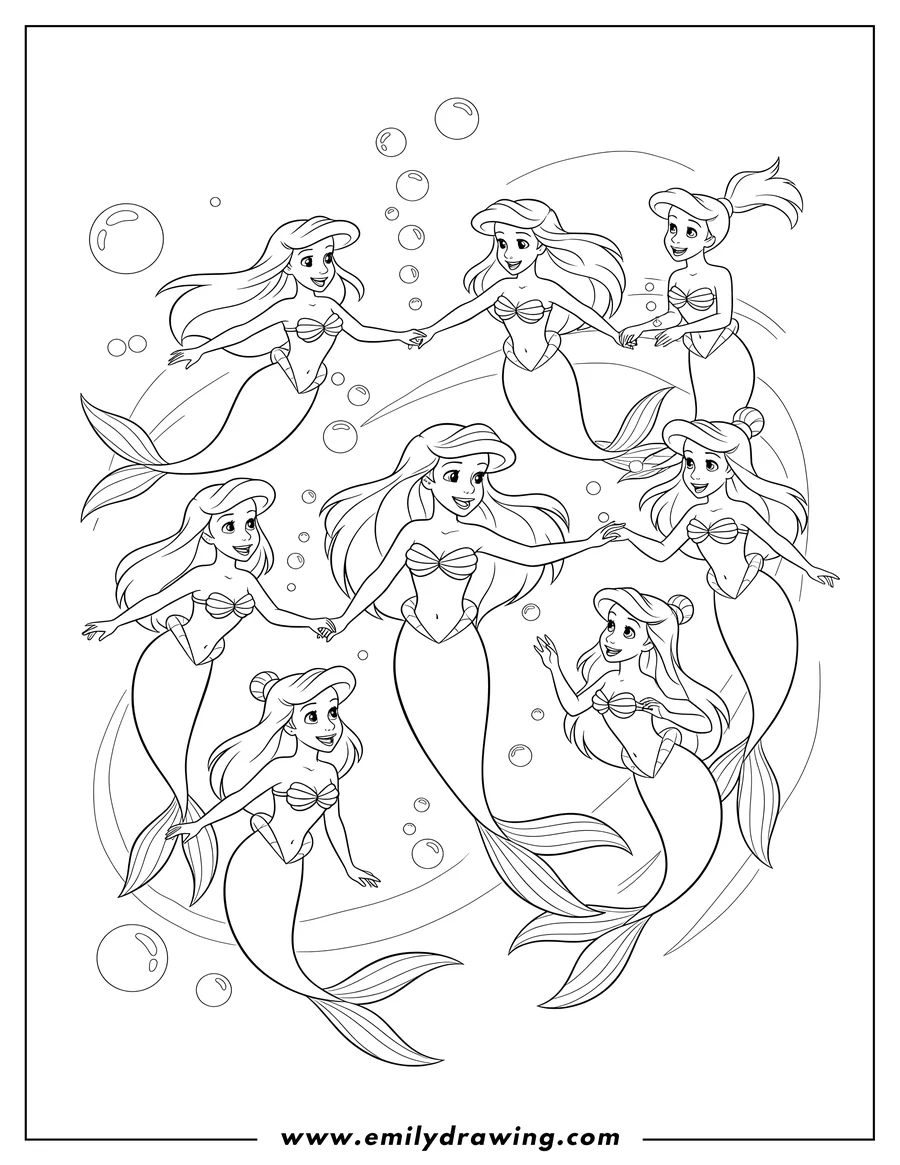 Downloadable coloring page of ariel With Her Six Sisters swimming happily together