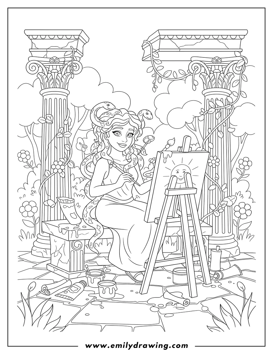 Black and white line art of artistic Medusa seated, painting with a brush on a canvas at an easel, in a garden temple