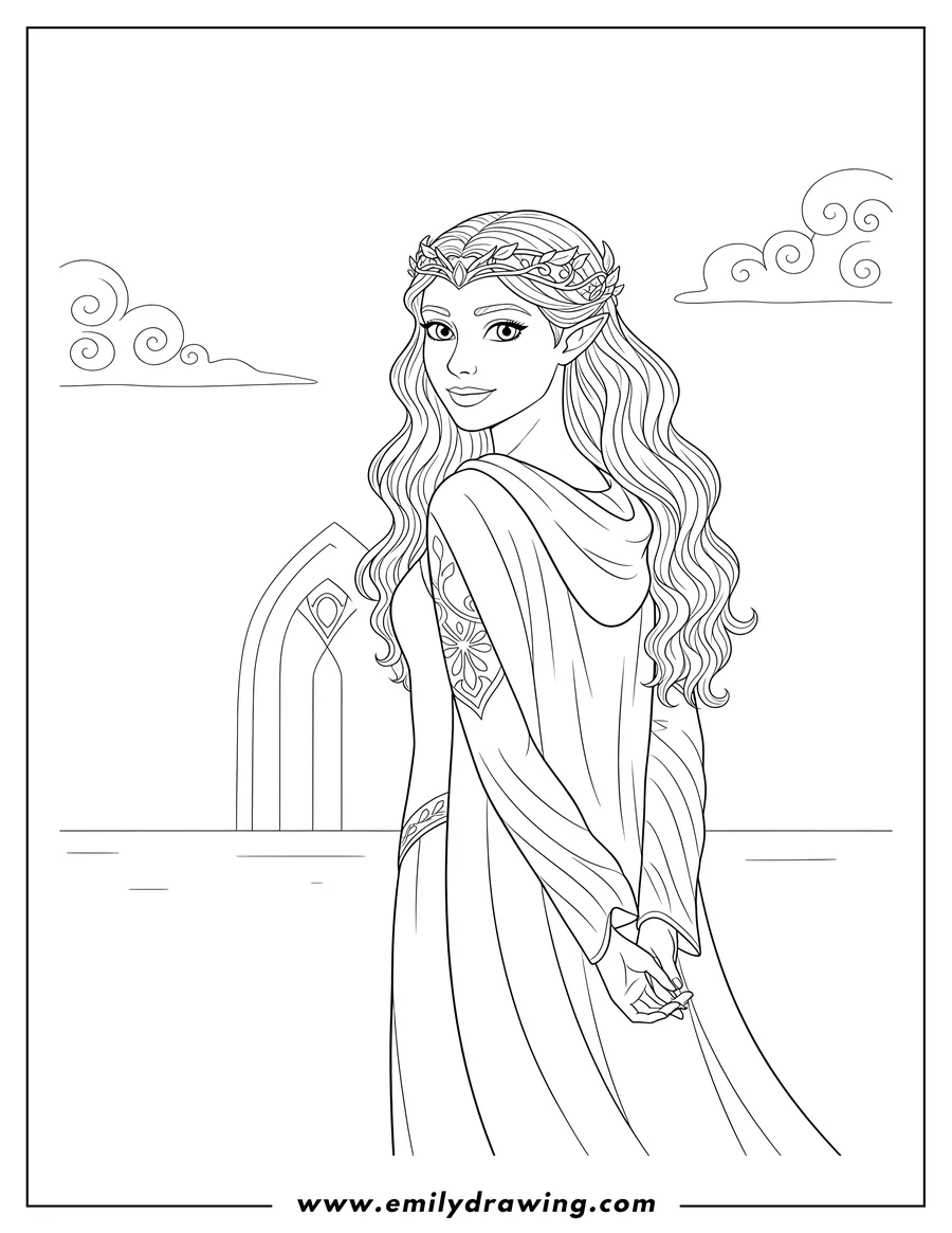 Full page coloring image of lord Rings Anwen with long wavy hair, wearing a tiara, looking over her shoulder
