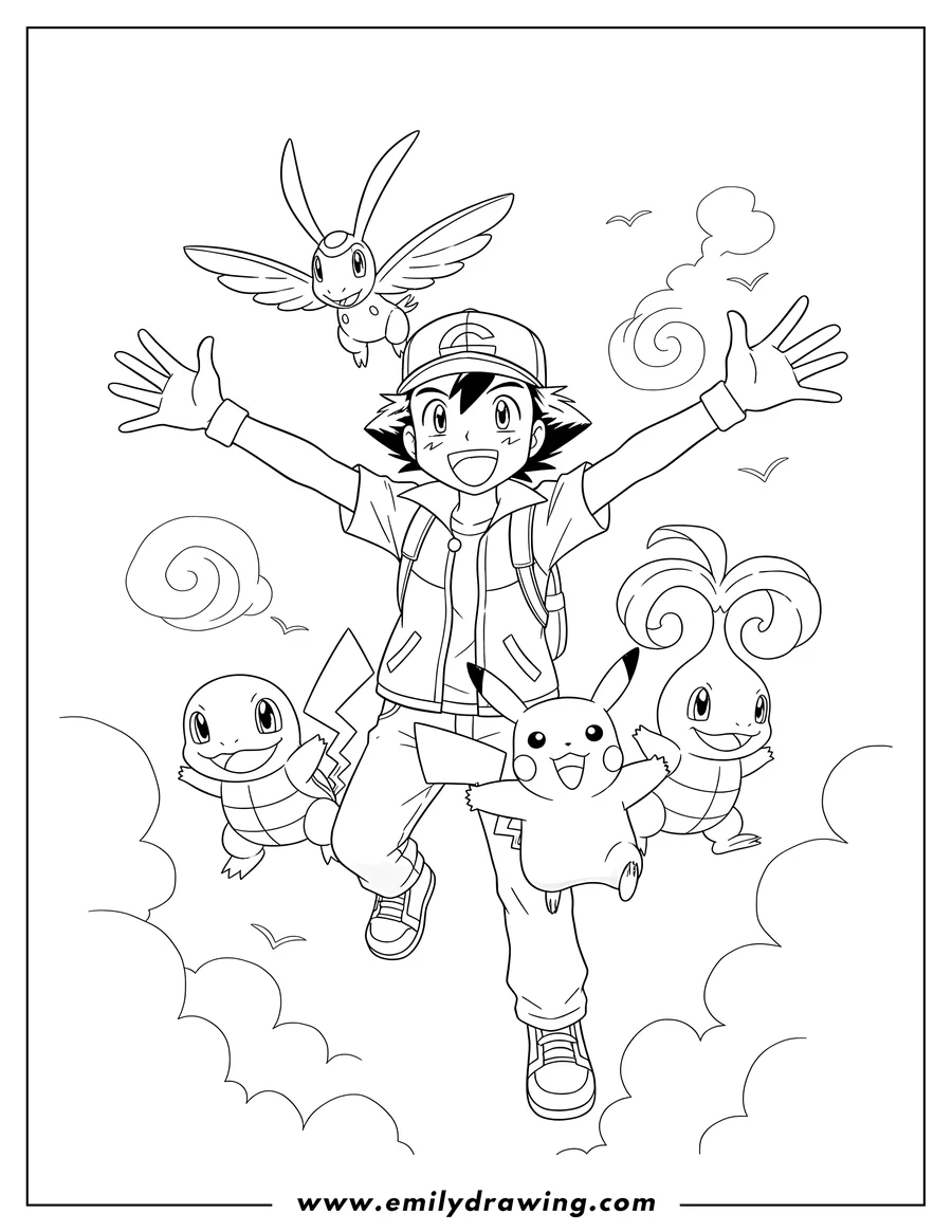 Coloring sheet featuring ash Ketchum With Cyndaquil Totodile Chikorita Pikachu And Heracross joyfully flying with outstretched arms