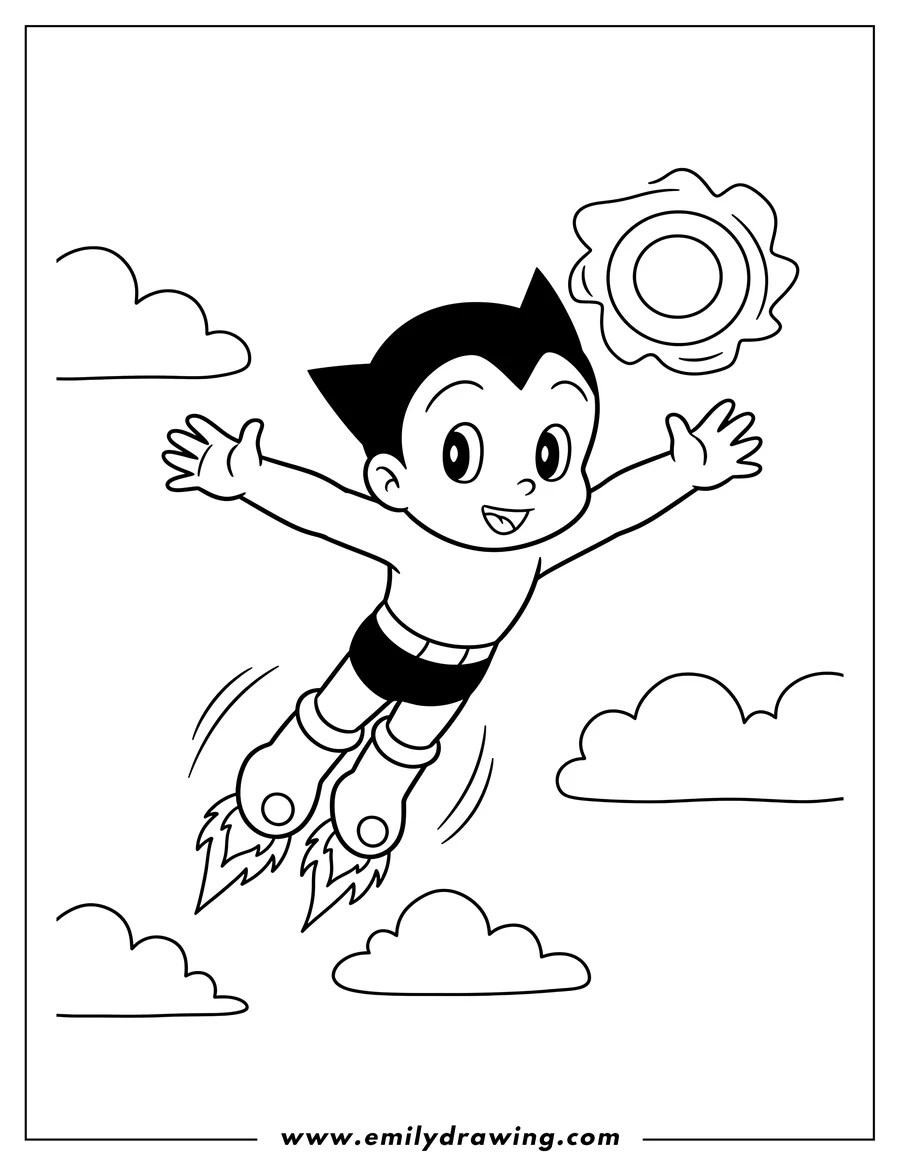 Vector style outline of astro Boy flying with arms outstretched for preschoolers