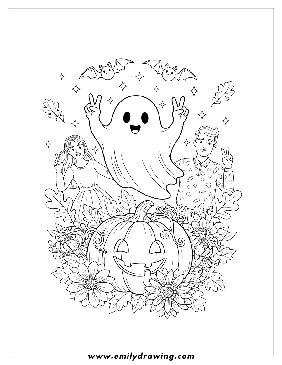 Clean line drawing: autumn Ghost Making two Peace Signs with bats and sparkles, Behind Large Pumpkin and Flowers Adults