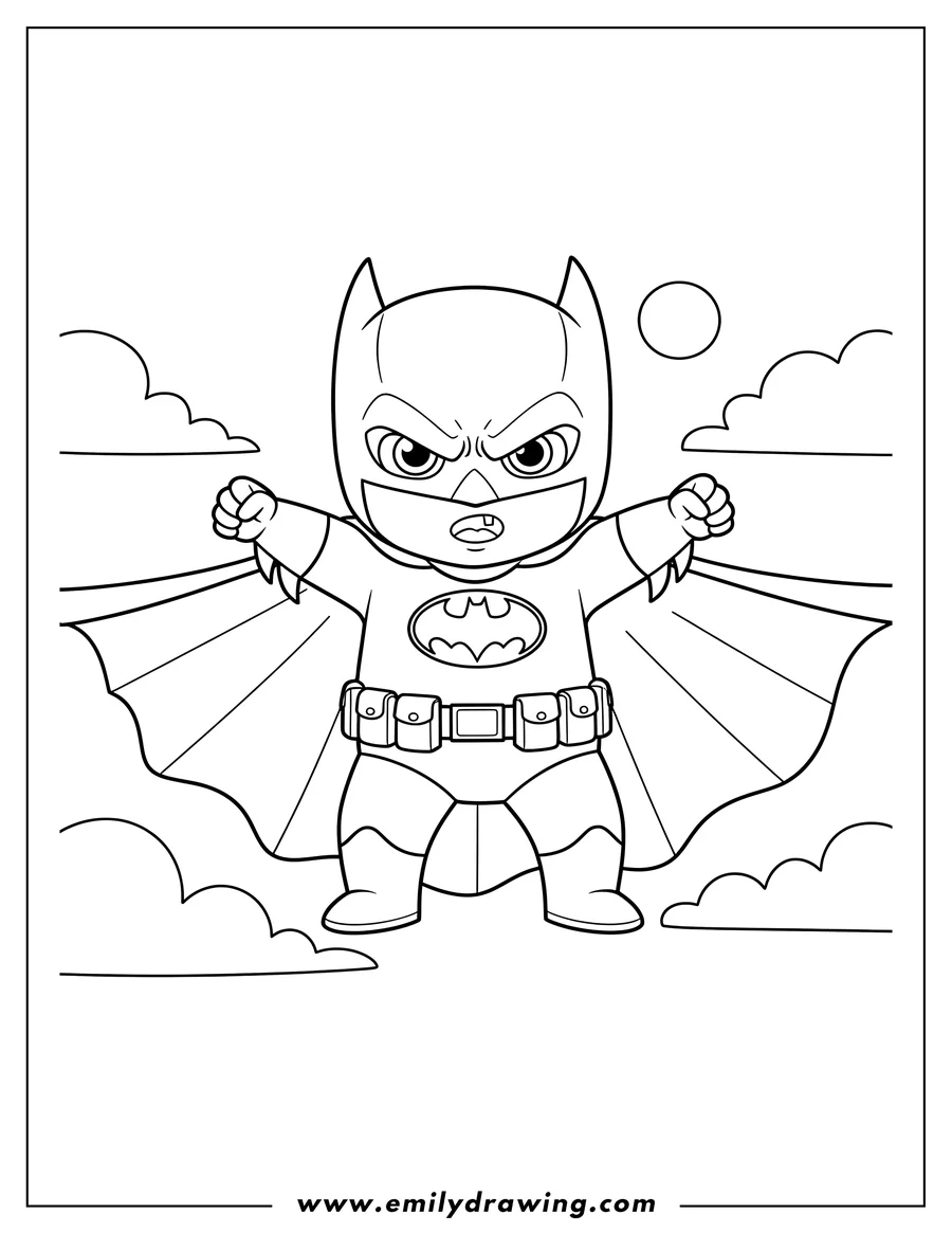 Printable line art of cute baby Batman with a fierce expression, arms outstretched, and cape spread wide