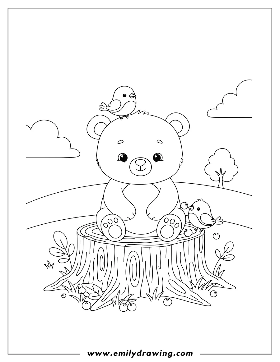 Doodle style coloring picture of cute Baby Bear Sitting On Tree Stump with three small birds