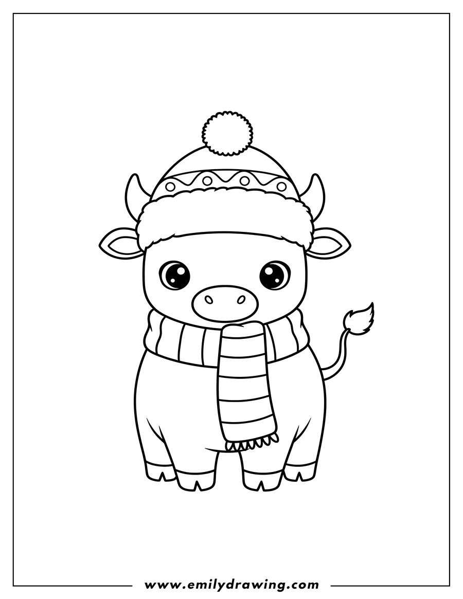 Free to print drawing of cute baby bull standing, wearing a fluffy hat and striped scarf, for preschoolers