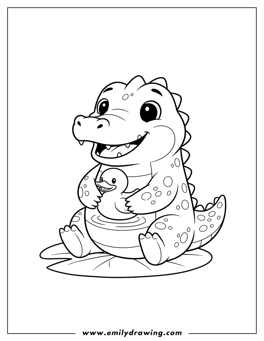 Downloadable coloring page of cute Baby Cartoon Crocodile Scaled, sitting and holding a rubber duck