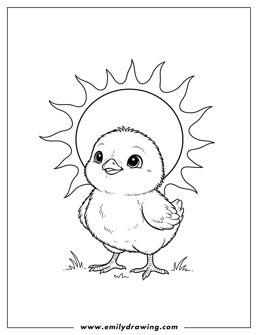 Simple sketch of cute Baby Chick Standing Looking Up Under Sun Preschoolers to color