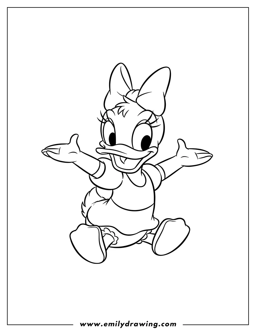 Linear illustration of cute Baby Daisy Duck sitting with open arms and smiling