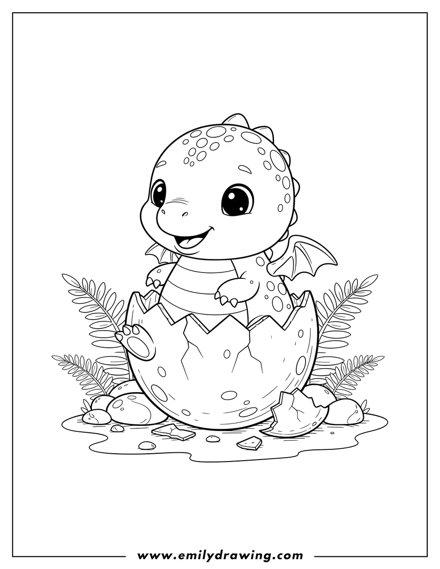 Printable line art of cute baby dinosaur hatching from a cracked egg