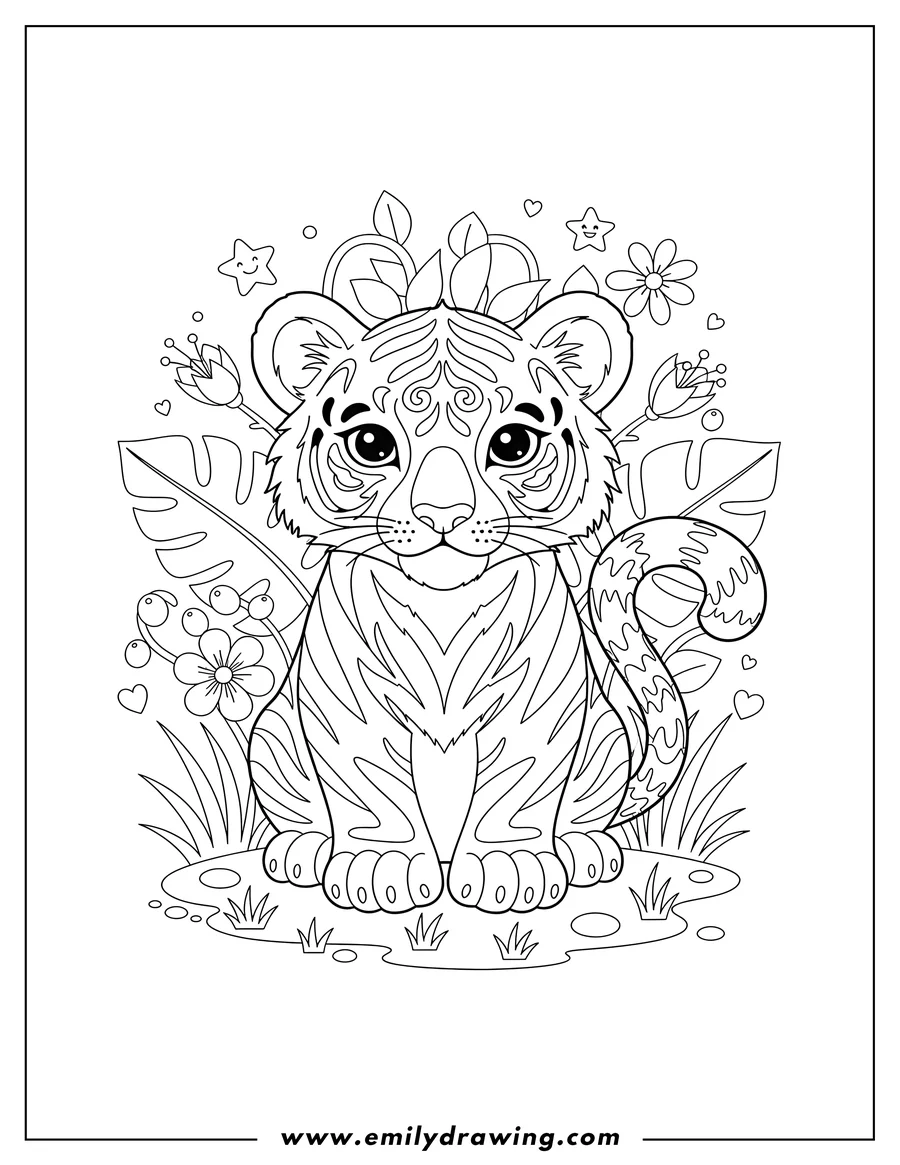 Linear illustration of lisa Frank Cute Baby Forrest Tiger sitting and looking forward