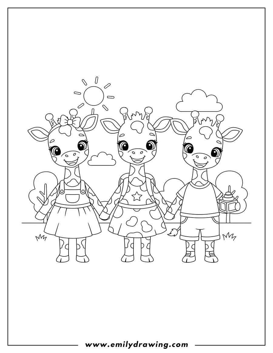 Coloring sheet featuring [Scene]: Cute Baby Giraffe Preschoolers, standing, smiling, and spotted