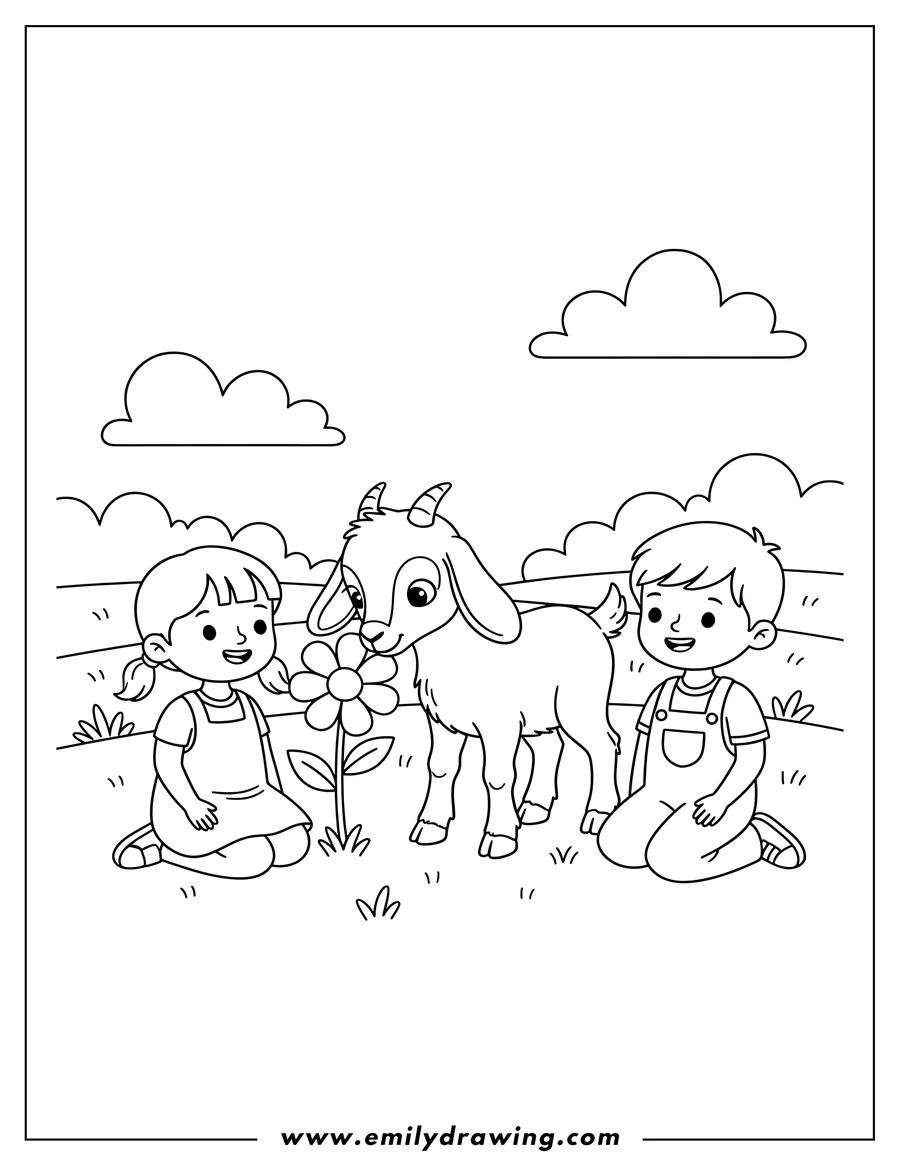 PDF style coloring page: cute baby goat standing in meadow, sniffing flower, preschoolers