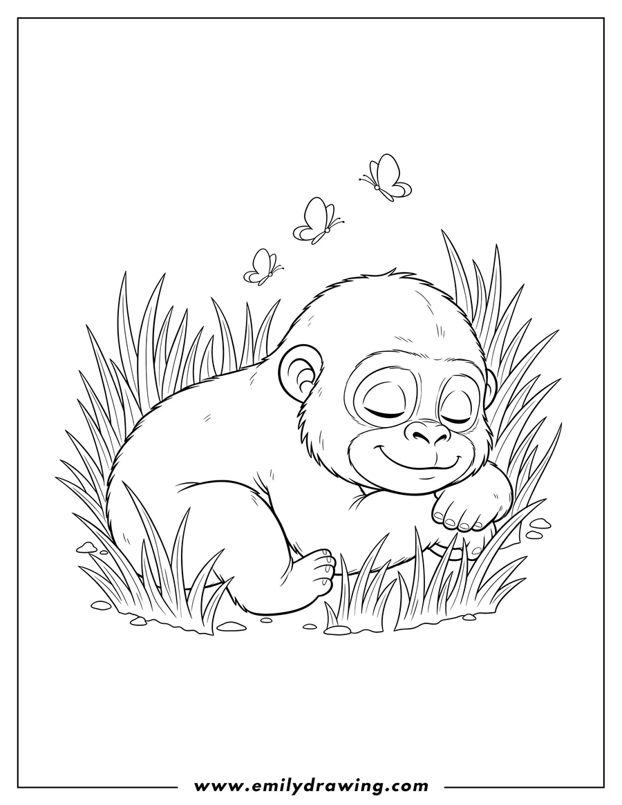 Coloring page for kids: cute Baby Gorilla resting in long grass