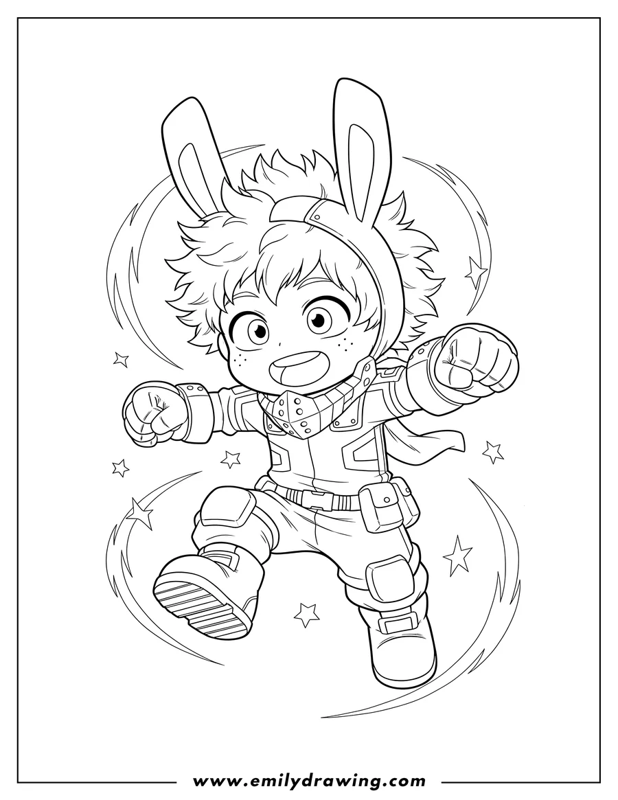 Linear illustration of cute Baby Izuku Midoriya Deku in hero costume, smiling, dynamic action pose