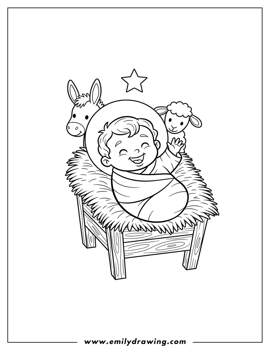 PDF style coloring page: cute Baby Jesus Manger, smiling and waving