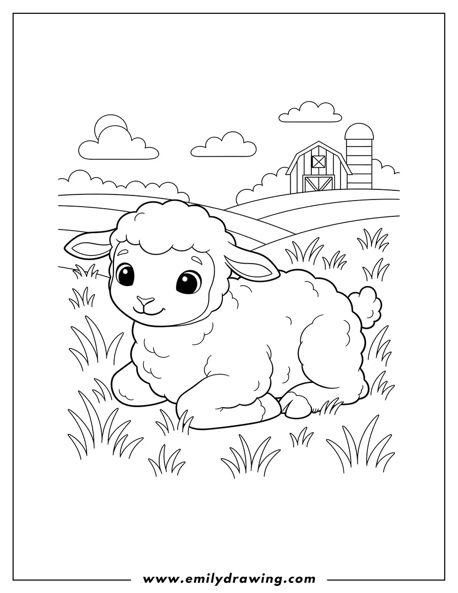 Linear illustration of A cute baby lamb lying down in the grass on the countryside
